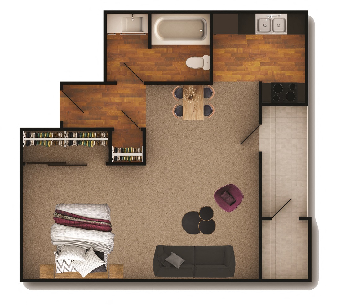 Floor plan for studio, 1 bath, 520 sqft